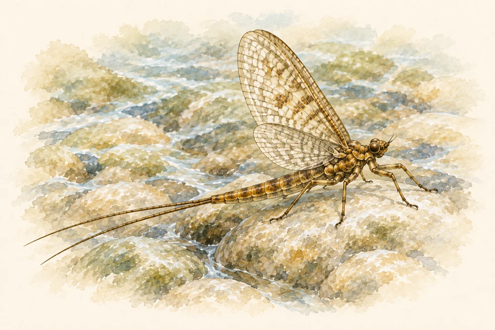 Watercolor illustration of an adult mayfly